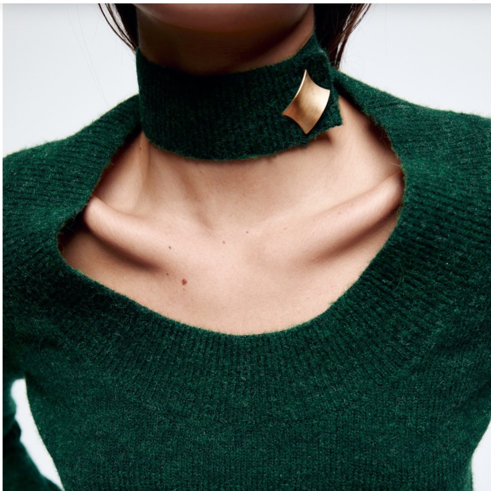 NWOT Zara Green Knit Choker Sweater Top